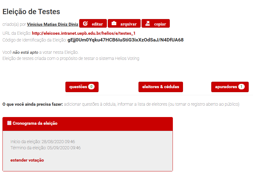 Página incial da eleição
