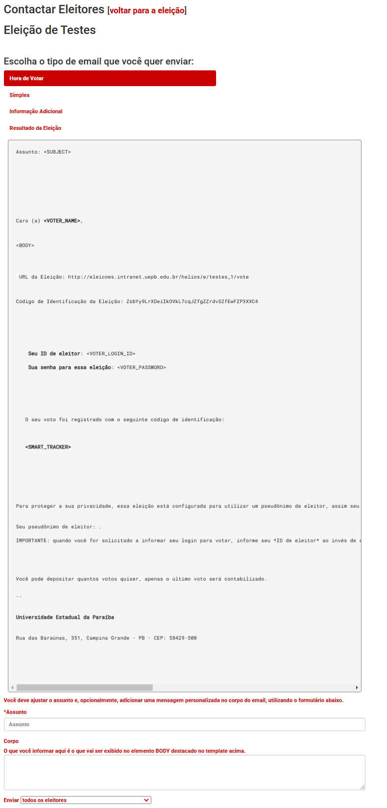 Enviando e-mail para eleitores